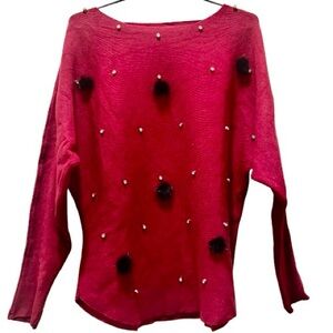 Asian Fashion Women Red Sweater w/ Rhinestone Studs & Black PomPoms M Y2KGlam